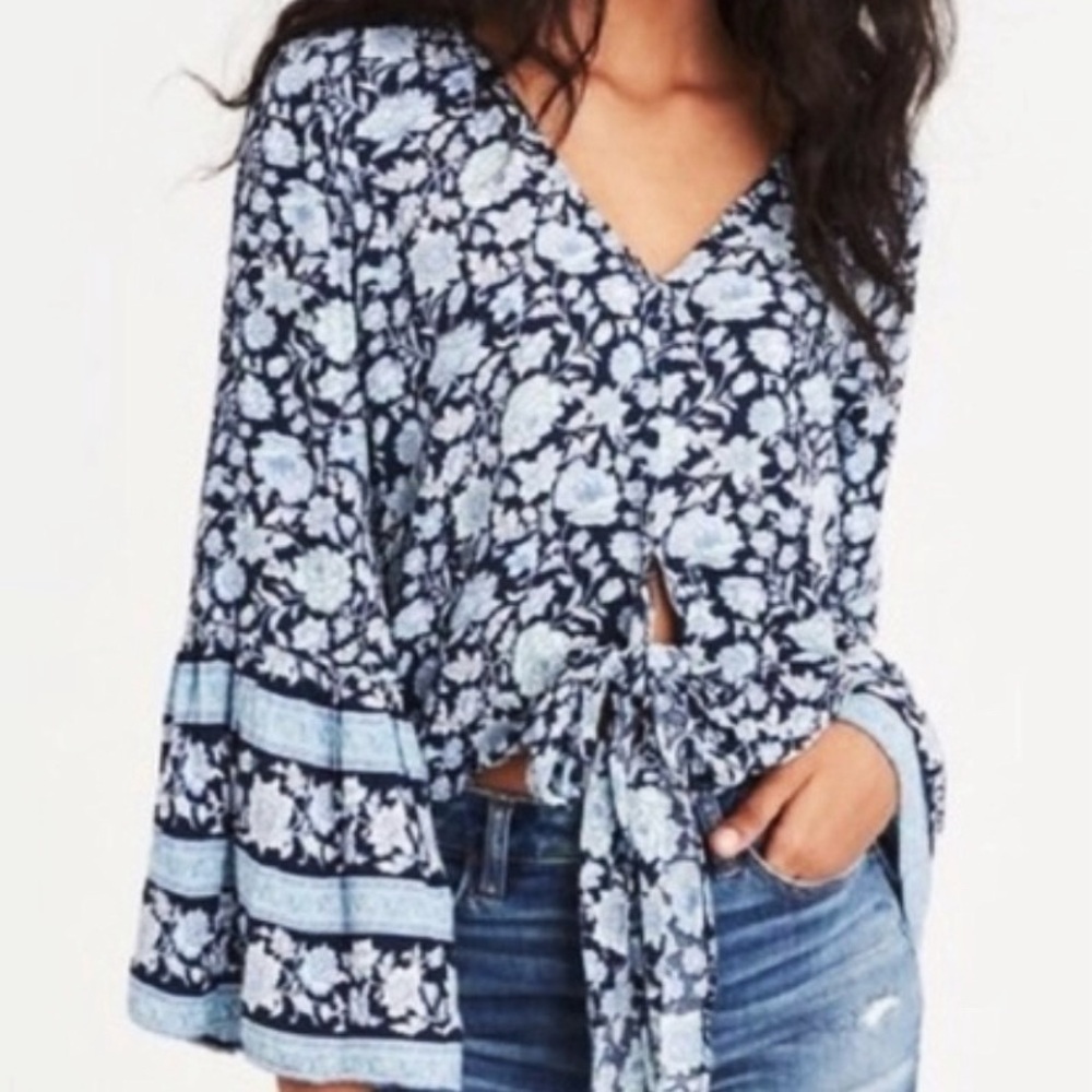 American Eagle Floral Bell Sleeve, Tie-Front Top